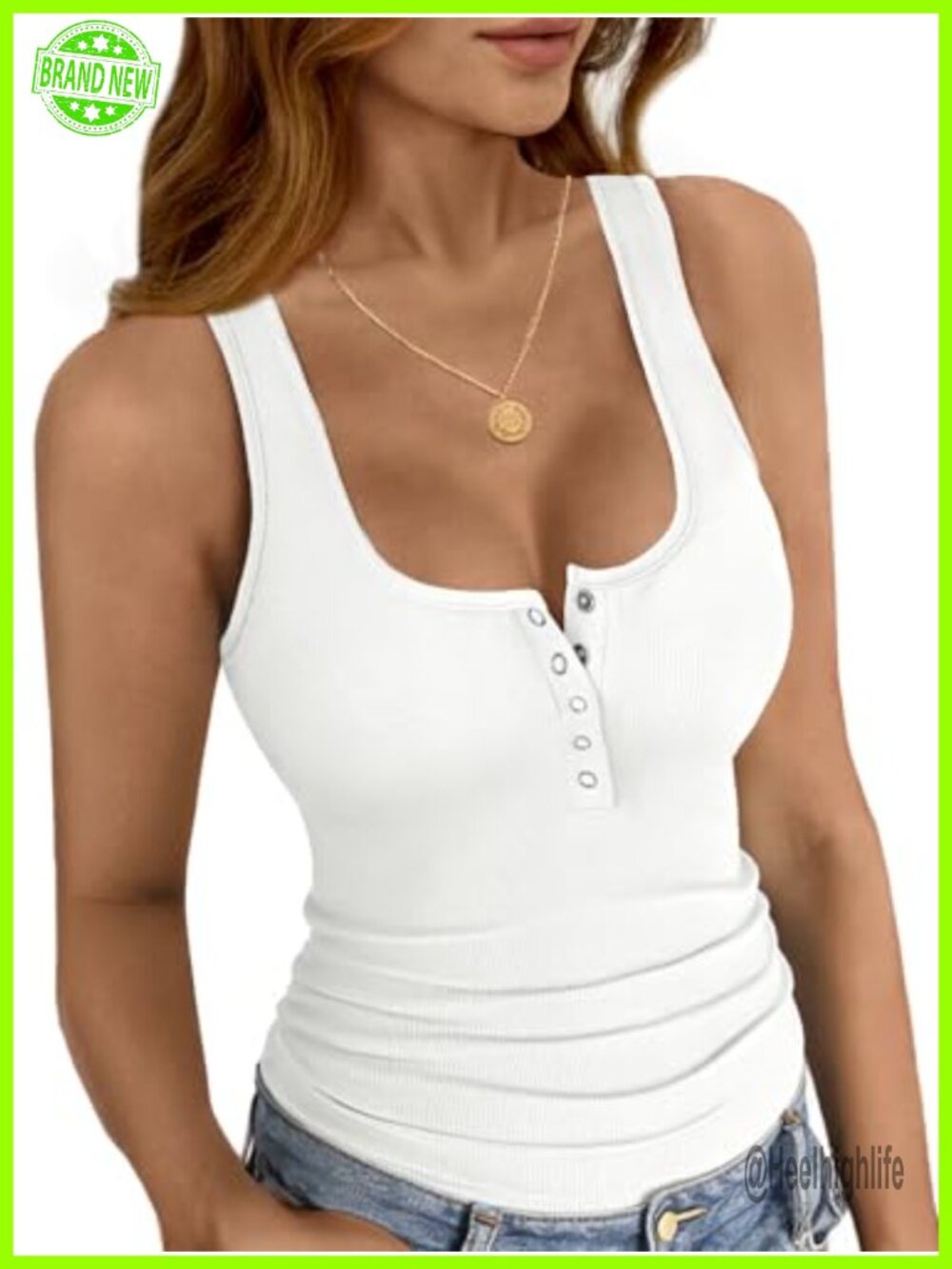Ribbed Tank Top Henley Scoop Neck Slim Fit Womens Summer Casual